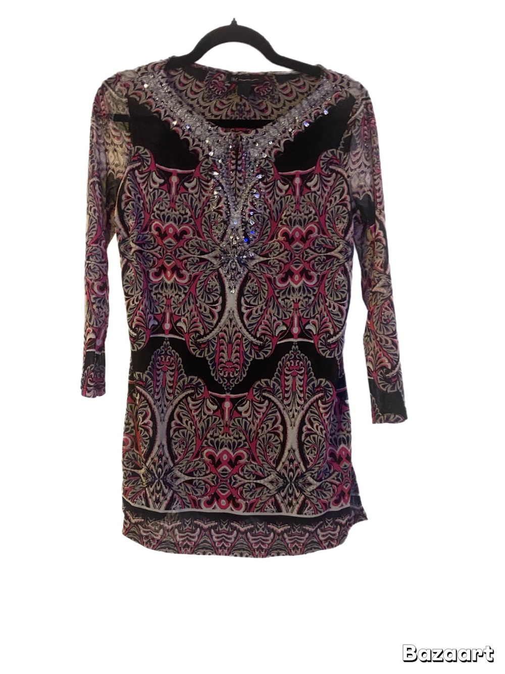INC International Concepts Black & Pink Embellished V-Neck Tunic